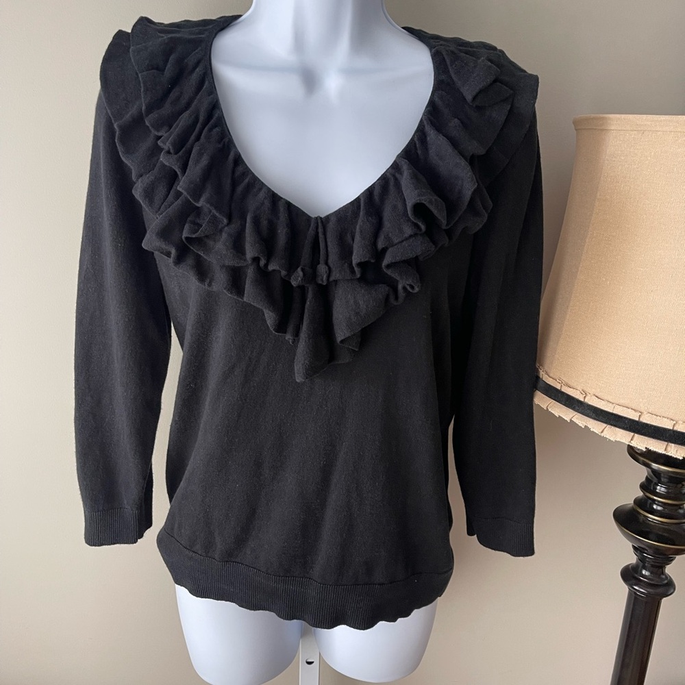 Lauren Ralph Lauren Black V-Neck Sweater with Elegant Ruffle
